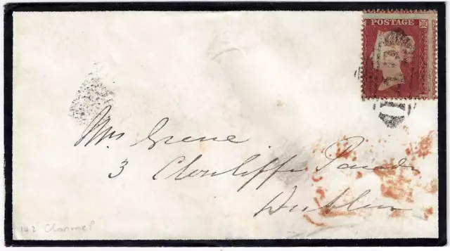 UK GB IRELAND 1850s QUEEN 1p PERF 16 DIE I SG 22 TIED TO MOURNING COVER TO DUBLI