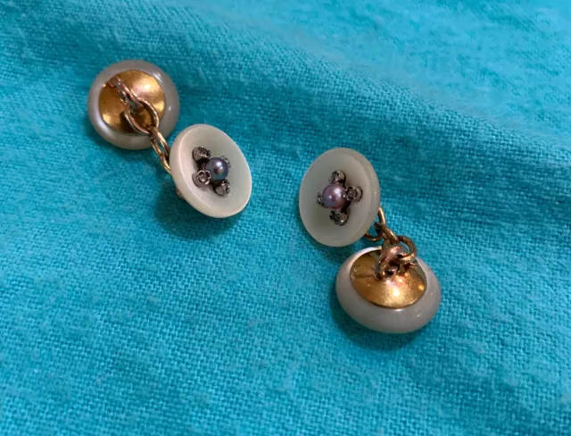 18K GOLD CUFFLINKS French Pearl Diamond And Mother Of Pearl C.1920 $450 ...