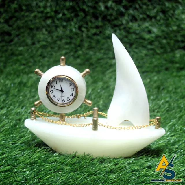 Natural Onyx Marble Ship Clock New Marble Onyx Stone Table Watch Hand Crafted