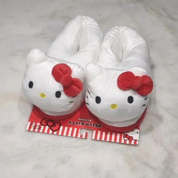 New Sanrio HELLO KITTY Women's Plush Slippers Red/White Size 7-8