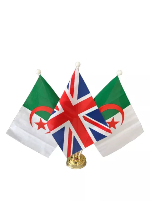 Union Jack and 2 x Algeria 9"X6" Table Flags on Plastic Gold Base