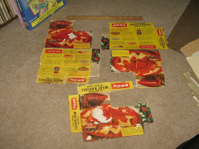 vintage food box RAGU cheese RAVIOLI frozen TV dinner 1960s (3 items)