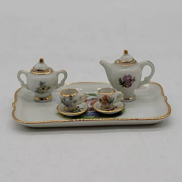 Limoges Miniature Porcelain Tea Set Traditional Floral Gold White 9 Pieces