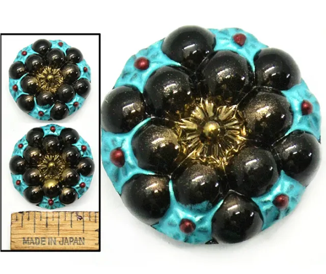 22mm Vintage 1960's Czech Glass Turquoise Silver Black BERRY Bubble Buttons 2pc