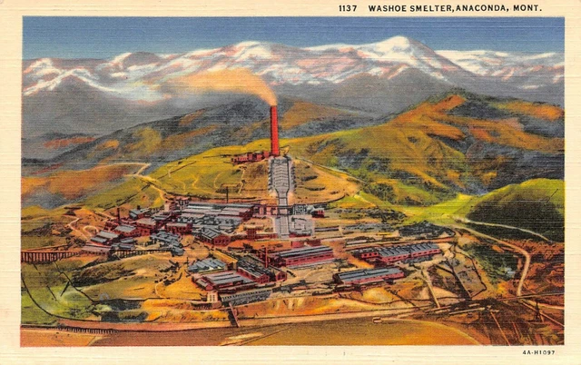 The Big Stack  At Washoe Smelter Airplane View Anaconda, MT Vtg 1930's Postcard