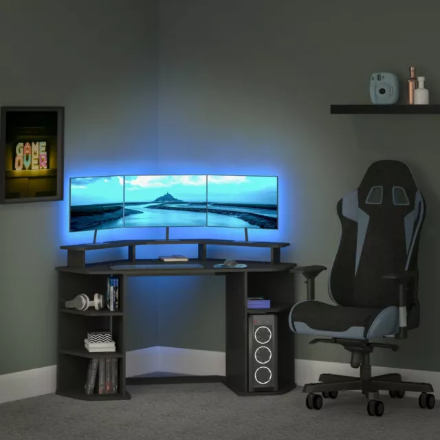 Gaming Corner Desk With Shelves Home Office Racer Computer Pc Table - Black