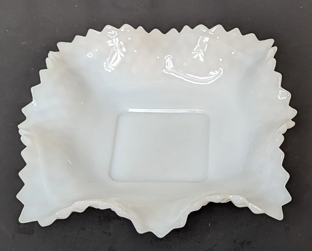 Fenton White Milk Glass Ruffled Edge Diamond Cut Square Bowl Candy Dish 6.75"