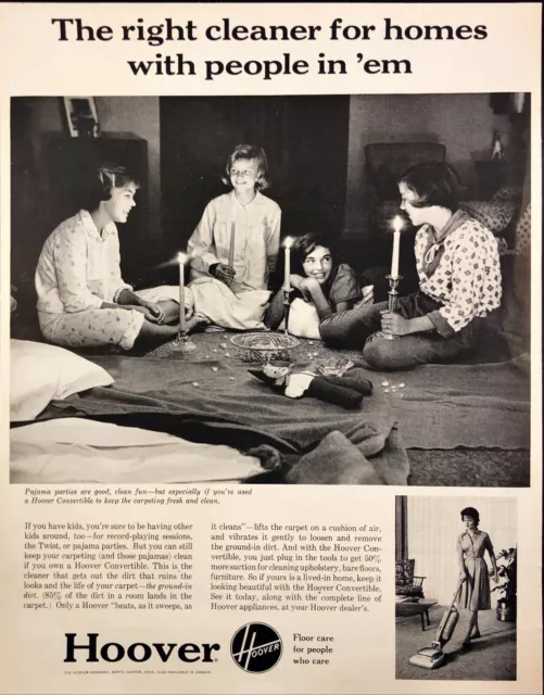 1962 Hoover Vacum Cleaner Vintage Print Ad Girls Slumber Party Candles