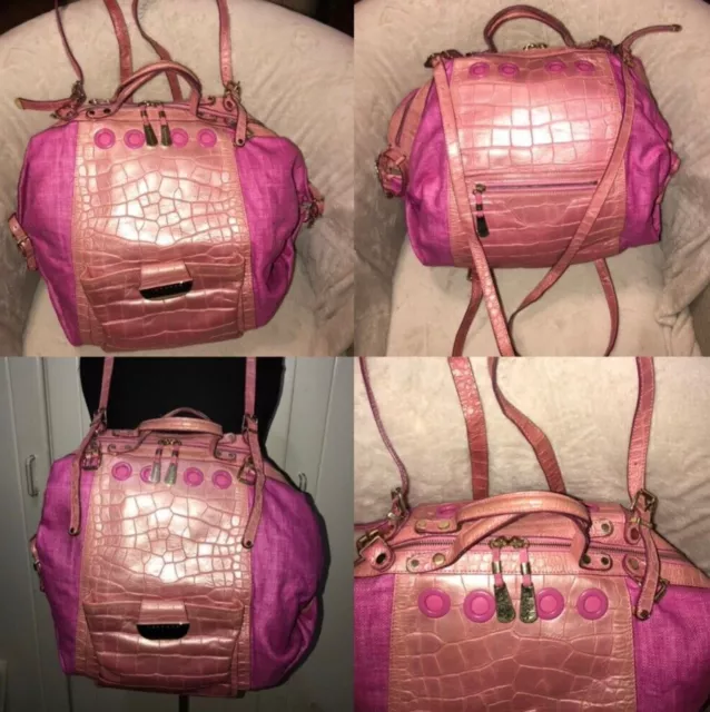 Versace Coutur Backpack Gold Hardware Fushia Fabric With Croco Look Leather Versace Coutur Backpack Gold Hardware Fushia Fabric With Croco Look Leather