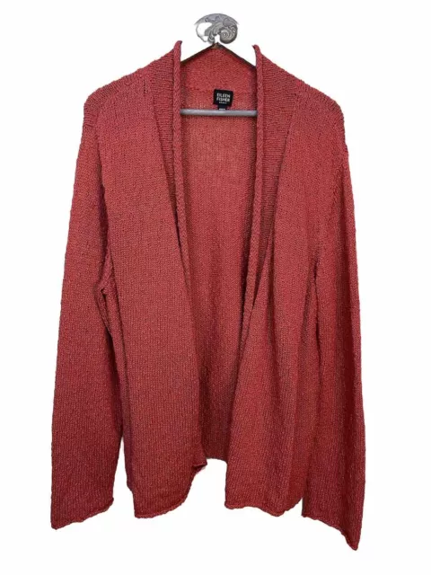 Eileen Fisher Sweater 2X  Coral Heavy Open Knit Cotton Cardigan Open Front