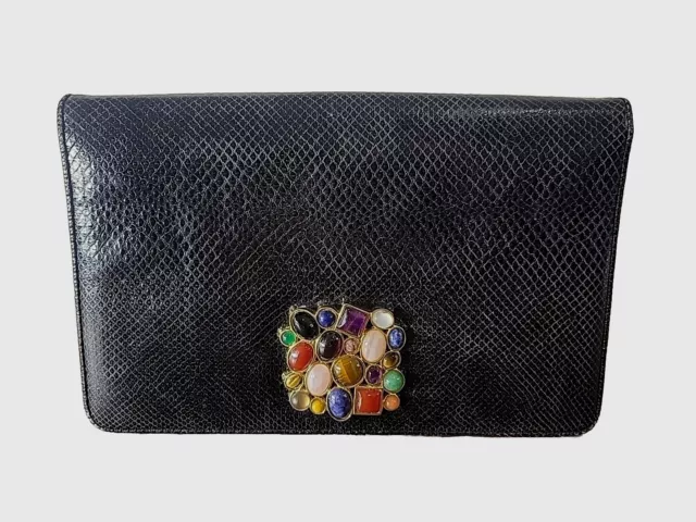 Vintage Judith Leiber Black Snake Skin Clutch Structured Handbag Gemstones Bag