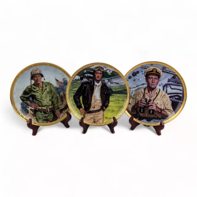 Franklin Mint John Wayne High War Plate Set of 3 Fine Porcelain Stand Numbered