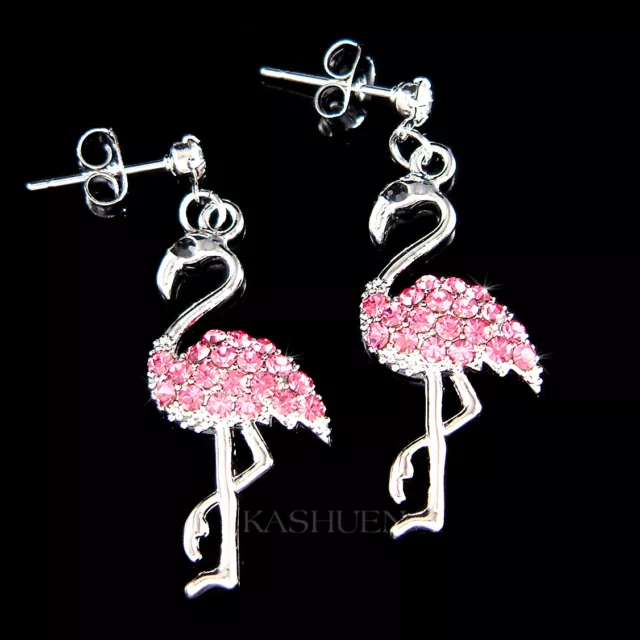 ~Pink Flamingo~ Bird made with Swarovski Crystal Pierced Earrings Xmas Gift New