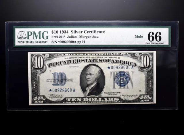 1934 $10 Silver Certificate Star Note ✪ Pmg Unc-66 ✪ Fr-1701* Mule ◢Trusted◣