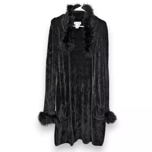 Sorbe Black Feather Long Rayon Cardi Cardigan Sweater Coat Pockets Women size M