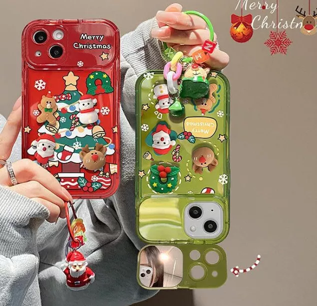 For iPhone 15 Pro Max 14 13 12 Christmas Tree Pendant Flip Mirror Case Cover