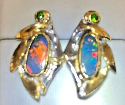 Beautiful Ornate Australian Black Opal Earrings 14k gold & Sterling mixed metals