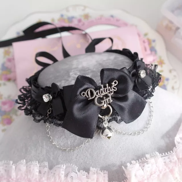 Daddys girl tag black lace choker necklace, kitten play collar , rhinestone bow