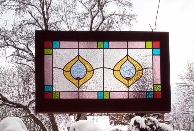 leaded large window wood framed panel *Victorian flower stained glass transom