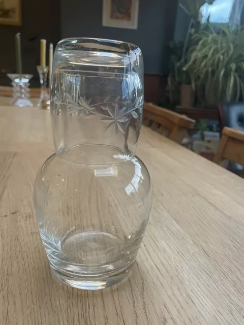 Vintage Bedside Water Carafe And Glass With Etched Detail