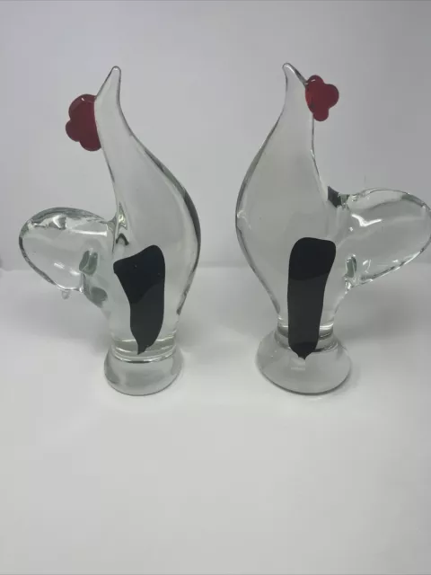 2 Large MURANO Art Glass Standing Rooster. 13.5” Tall MINT Condition