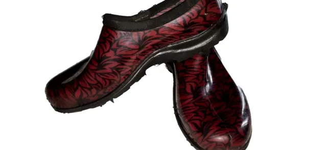 Sloggers Red & Black Print Waterproof Rubber Garden Rain Slip-On Shoes Sz 9