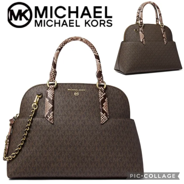 NWT Michael Kors Hudson Large Dome Satchel Bag Signature Snakeskin Chain $358