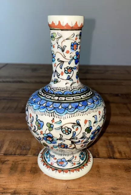 VTG Kutahya Turkish Pottery Vase Handmade Hand Painted Blue Turquoise Red Exc.!