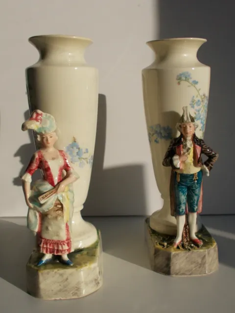 Pair antique French barbotin majolica Victorian lady & man figurine relief vases
