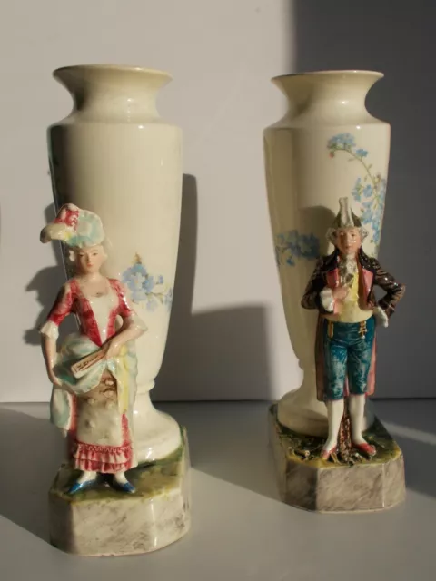 Pair antique French barbotin majolica Victorian lady & man figurine relief vases