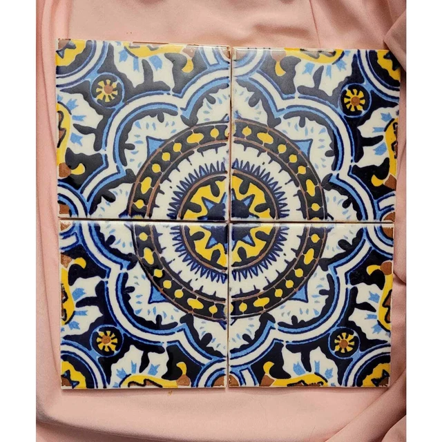 4 Mexican Talavera Blue and Gold Tiles Coasters Mexico
