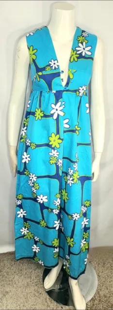 Vintage 60s 70s Bullocks Hawaiian Maxi Empire Waist Dress Turquoise Lime Green