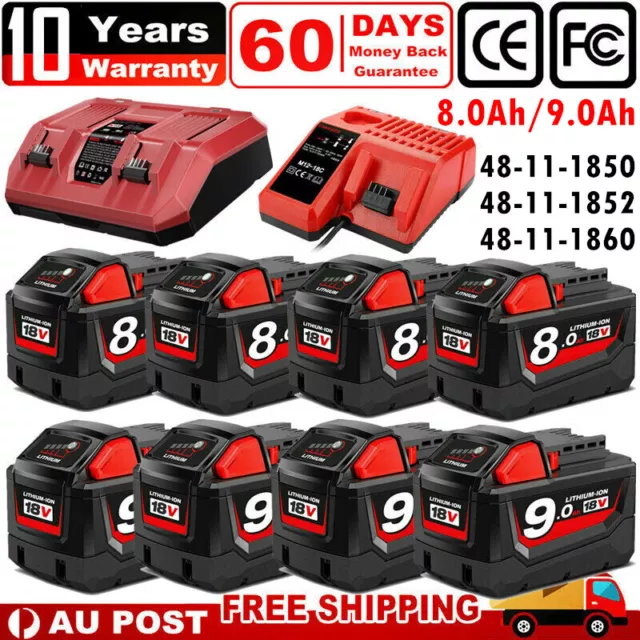 9.0Ah 8.0Ah 6.0Ah 18V Battery for Milwaukee M18 48-11-1860 48-11-1850 / Charger