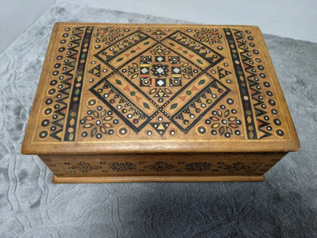 Vintage Russian Folk Art Geometric Inlaid Wooden Box. Dovetail Corners, Dome Lid