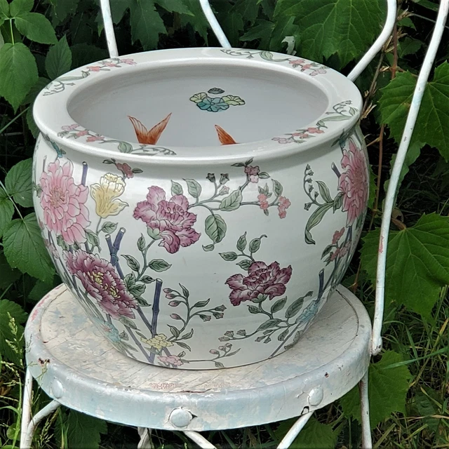 CHINESE FLORAL JARDINIERE Chinoiserie Koi Fish Bowl Planter Flower Pot