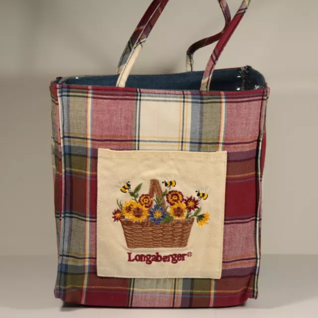 Longaberger Small Fabric Tote & Protector 40157 Plaid w/ Sunflower Basket Pocket