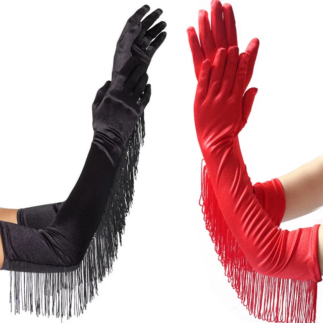 Womens Satin Evening Gloves Tassel Long Wedding Party Elbow Length Opera Gloves