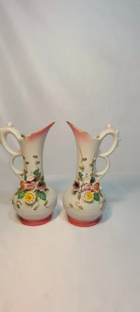 Vintage Interpur White Pitcher Bud Vase PAIR Raised Flowers Bisque Capodimonte