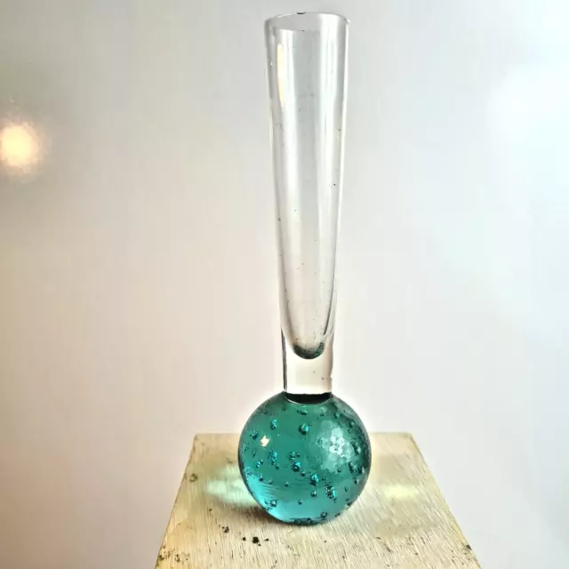 Vintage Art Glass Single Stem Vase Aqua Blue Controlled Bubble Base 15cm