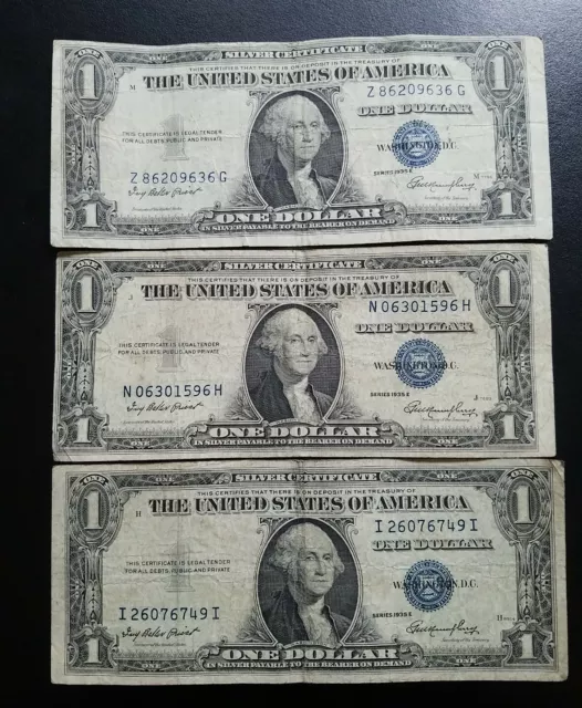 Lot of 3 SILVER CERTIFICATES 1935 One Dollar $1 Blue Seal US Notes FREE SHIPPING