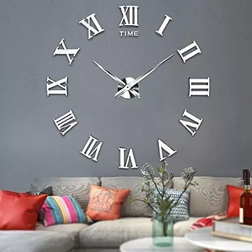 Modern DIY Wall Mute Clock Big Watch Decal 3D Stickers Roman Numerals Silver UK