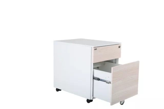 Mobile pedestal, 2 drawer, White with timber look front 2