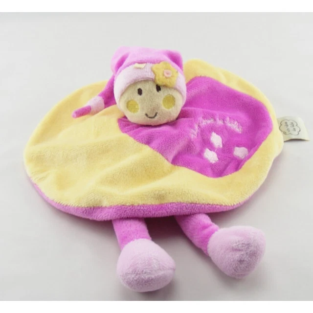 Doudou plat rond lutin rose jaune fleur REVE DE BEBE - 6350