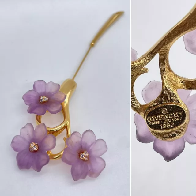 Vintage Givenchy Paris New York 1982 Purple Lucite Floral Gold Stick Pin Brooch