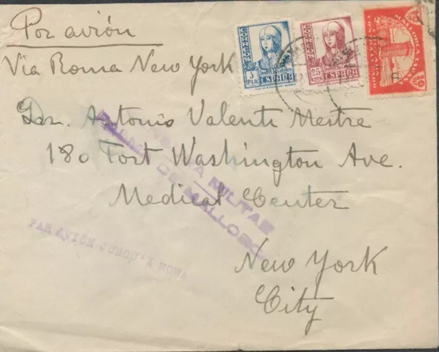 1938 Spain Censored Cover Mallorca - Balearic Islands Stamp - to New York USA