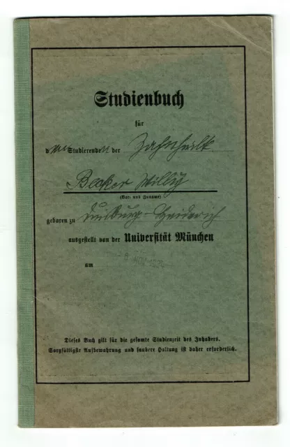 Studienbuch Zahnheilkunde Universität München 1935 Willy Becker Duisburg