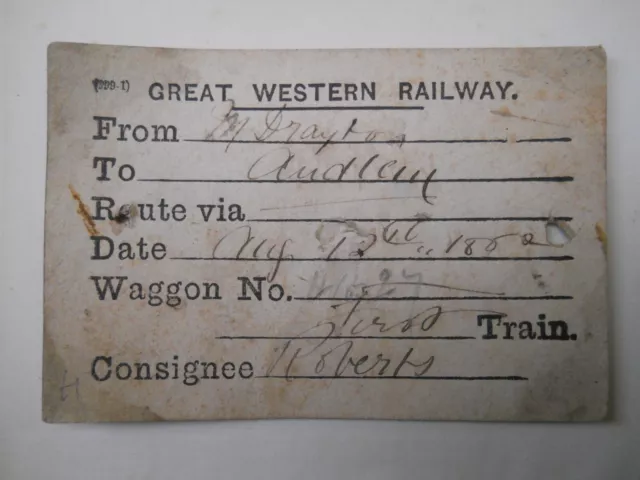 GWR Wagon Label,  Market Drayton to Audlem, Aug 12th, 1882