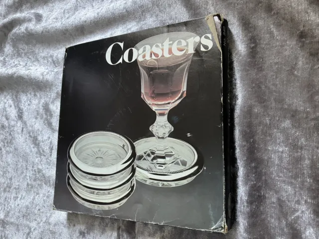 Vintage Italian Leonard Crystal & Silver Plated Glass Coasters 4 Sealed In Box