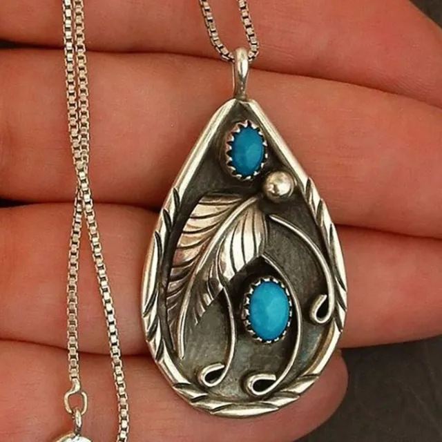 Tibetan 925 Silver Blue Turquoise Feather Chain Pendant Necklace Fashion Jewelry