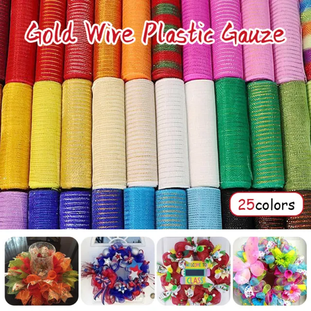 26cm*10yard Gold Wire Tulle Mesh Net Ribbon DIY Christmas Wreaths Gift Wrapping